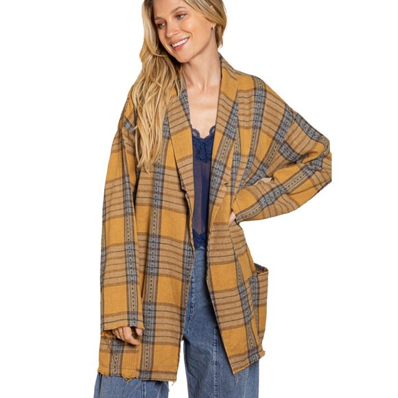 POL Oversized Boho Yellow and Blue Plaid Blazer Jacket - Picture 9 of 11